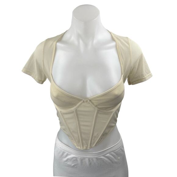 Glassons Cream Beige Short Sleeve Corset Bustier Cutout Mesh Crop Top Size S - Picture 1 of 3